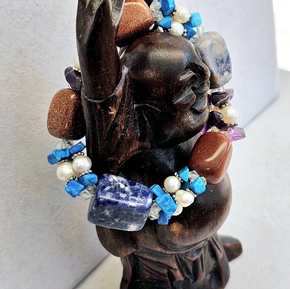 Sodalite,Copper Goldstone, Pearls, Amethyst, Turquoise Stretchy Bracelet - Picture 11 of 14